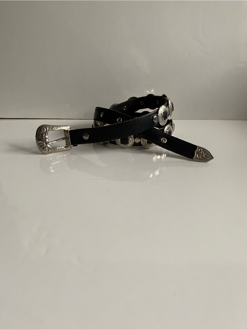 Vintage Women's Black Western Concho Belt with Silver Hardware